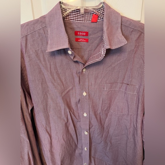 Men's Izod‎ L/S Slim Fit Shirt Size XL Red/White Pinstripe Plaid Button Down EUC - Picture 2 of 4